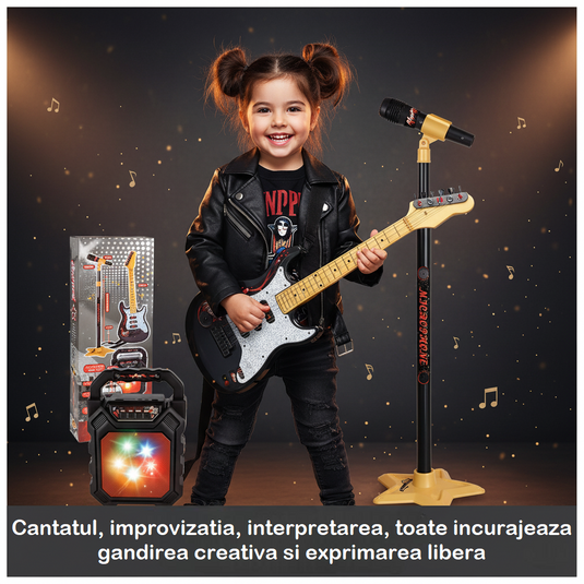Set Chitara si Microfon cu Stativ pentru Copii – RocKid - Include Chitara, Microfon cu Stativ Reglabil, Boxa Multifunctionala cu Iluminare LED, Cablu USB, Indiggo@, Black/Yellow, +3 Ani
