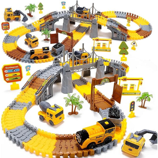Set Pista Circuit cu Vehicule Construction FunTrack, 178 Piese, Include Pista Flexibila, Tren Electric, Excavator, Betoniera, Camion de Incarcare, Accesorii precum Poduri, Indicatoare, Statie Alimentare, Copaci, Elemente de Decor, Galben/Gri, 3 Ani+