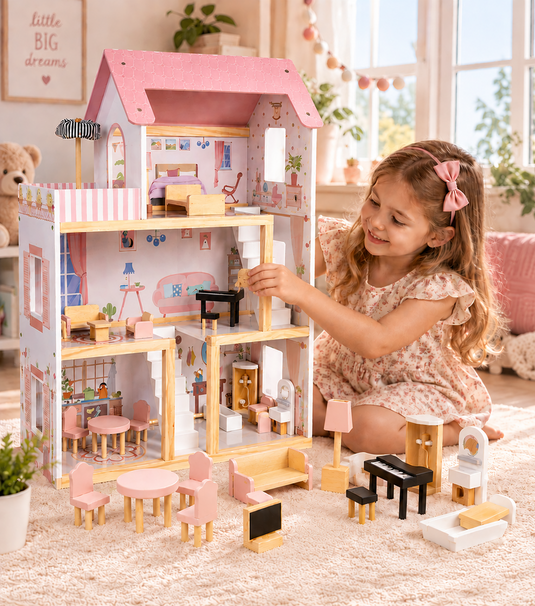 Casuta de Papusi din Lemn de Calitate, FantasyVilla Indiggo®, 3 Niveluri, 4 Camere, Terasa si Scara Interioara, Instalatie LED, 17 Piese de Mobilier, Pian inclus, Baie complet utilata, Inaltime 78cm, Dusty Pink