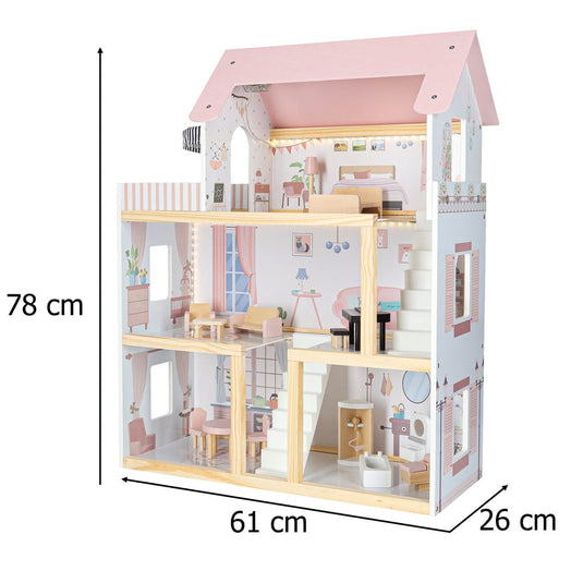 Casuta de Papusi din Lemn de Calitate, FantasyVilla Indiggo®, 3 Niveluri, 4 Camere, Terasa si Scara Interioara, Instalatie LED, 17 Piese de Mobilier, Pian inclus, Baie complet utilata, Inaltime 78cm, Dusty Pink