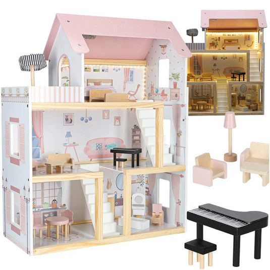Casuta de Papusi din Lemn de Calitate, FantasyVilla Indiggo®, 3 Niveluri, 4 Camere, Terasa si Scara Interioara, Instalatie LED, 17 Piese de Mobilier, Pian inclus, Baie complet utilata, Inaltime 78cm, Dusty Pink