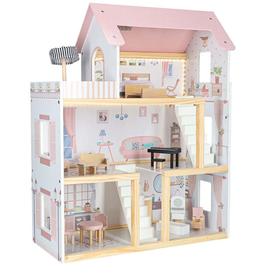 Casuta de Papusi din Lemn de Calitate, FantasyVilla Indiggo®, 3 Niveluri, 4 Camere, Terasa si Scara Interioara, Instalatie LED, 17 Piese de Mobilier, Pian inclus, Baie complet utilata, Inaltime 78cm, Dusty Pink