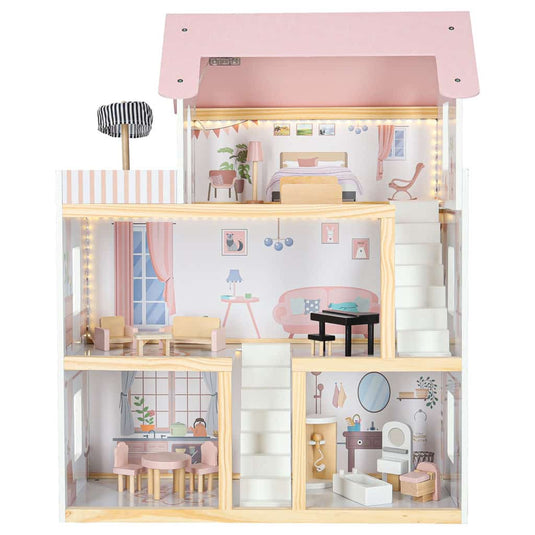 Casuta de Papusi din Lemn de Calitate, FantasyVilla Indiggo®, 3 Niveluri, 4 Camere, Terasa si Scara Interioara, Instalatie LED, 17 Piese de Mobilier, Pian inclus, Baie complet utilata, Inaltime 78cm, Dusty Pink