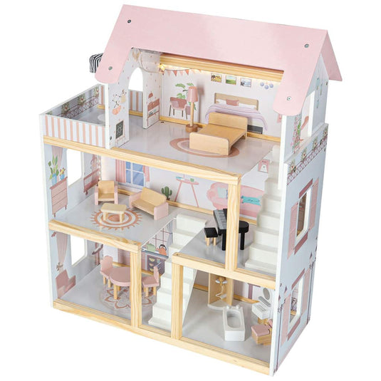 Casuta de Papusi din Lemn de Calitate, FantasyVilla Indiggo®, 3 Niveluri, 4 Camere, Terasa si Scara Interioara, Instalatie LED, 17 Piese de Mobilier, Pian inclus, Baie complet utilata, Inaltime 78cm, Dusty Pink