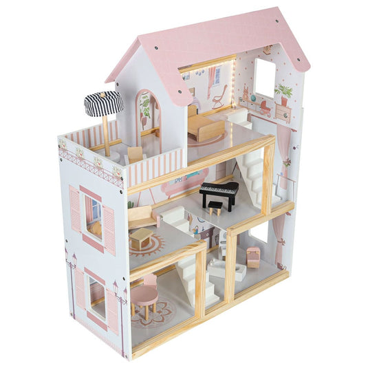 Casuta de Papusi din Lemn de Calitate, FantasyVilla Indiggo®, 3 Niveluri, 4 Camere, Terasa si Scara Interioara, Instalatie LED, 17 Piese de Mobilier, Pian inclus, Baie complet utilata, Inaltime 78cm, Dusty Pink