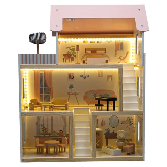 Casuta de Papusi din Lemn de Calitate, FantasyVilla Indiggo®, 3 Niveluri, 4 Camere, Terasa si Scara Interioara, Instalatie LED, 17 Piese de Mobilier, Pian inclus, Baie complet utilata, Inaltime 78cm, Dusty Pink