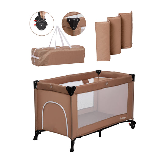 Patut Pliabil si Tarc de Joaca 2in1 KiddoTrip™ NEXT Etaj Suplimentar si Saltea Detasabila, Portabil, Tesatura Moale, Antialergenic, Intrare cu Fermoar, Plasa Transparenta pentru Monitorizare, 2 Roti Blocabile, Geanta Transport, Usor si Compact, Maro