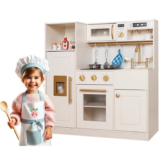 Bucatarie din Lemn pentru Copii Baking Magic cu Lumini si Sunete, Set de Joaca cu Espressor de Cafea, Plita, Cuptor cu Usa Transparenta, Chiuveta Detasabila, Frigider cu Minibar si Aparat de Gheata, Cuptor cu Microunde, Accesorii si Ustensile, Cream/Gold