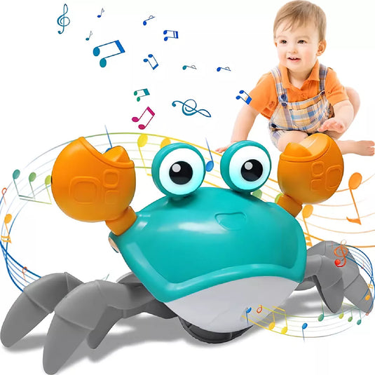 Jucarie interactive SmartCrab Indiggo@, Set Jucarie Inteligenta Crab cu Cablu USB, Sunete si Functie de Miscare, Senzori cu Infrarosu, Efecte Luminoase LED, Baterie Reincarcabila, BlueMarine/Yellow, 3 Ani+