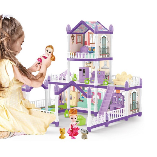 Casuta de Papusi Sofia DollHouse SmartViBE™, Set de Joaca DIY cu 192 PIESE, 3 Etaje, 6 Camere, 2 Terase, Mobilier si Accesorii Detasabile, Papusica si 2 Animalute Catel si Pisica, Lumina Fluorescenta, 55 Cm Inaltime, Purple, + 3 Ani