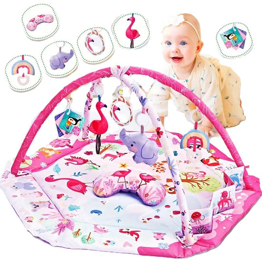 Centru de Activitati Saltea si Tarc de Joaca 3in1 FlamingoBeBe KinderVibe™, Include Perna, 20 de Bile Colorate, 7 Jucarii Senzoriale, Oglinda, Arcade, Lavabil, Multifunctional, Incepand cu 0 Luni, Pink Blossom