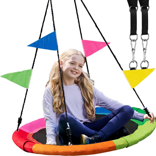 Leagan pentru Copii Tip Cuib 100 Cm, Reglabil pe Inaltime 180 Cm, Material Oxford 900D Impermeabil, Sarcina Maxima 450 Kg, Spin 360°, Steaguri Decorative, Franghii Ajustabile si Carabiniere, Cadru din Otel, Interior/Exterior, Multicolor