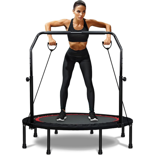 Mini Trambulina Fitness KangoFit™ 120 Cm Rebounder cu Benzi de Rezistenta, No Gap Design, Maner Reglabil in Inaltime 5 Nivele, Interior/Exterior, Cadru Otel, Antiderapant, Silentios, Plasa Rezistenta, Sarcina Maxima 200 Kg, Black