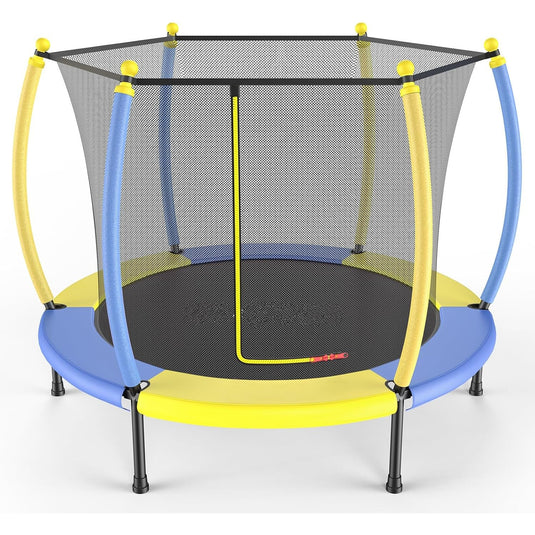 Mini Trambulina pentru Copii KangoHappy™ 4.5 FT/140 CM No Gap Design, Cos de Baschet Inclus, Stalpi Curbati de Siguranta, Plasa Protectie 360°, PAD 210D Oxford Impermeabil, Cadru Stabil, Anti Rugina, Intrare cu Fermoar, Interior/Exterior, Blue/Yellow