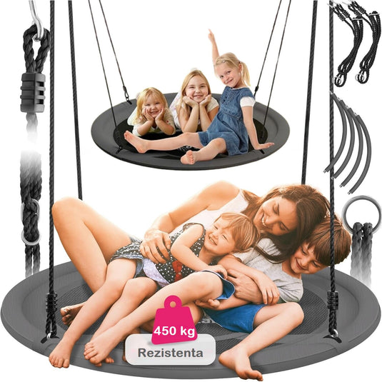 Leagan Tip Cuib pentru Copii si Adulti KangoKiddo™ Play 120 Cm, Capacitate Incarcare 450 Kg, Inaltime Reglabila 90-180 Cm, Material Texteline Oxford 900D Impermeabil, Margine Captusita si Moale, Spin 360°, Cadru Otel, Interior/Exterior, Grey