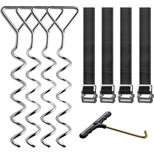Kit Ancorare Trambulina, 4 Ancore in Forma de Tirbuson, 4 Curele de Siguranta, 8 Catarame, Carlig, Otel Galvanizat Anti Rugina, Usor de Instalat