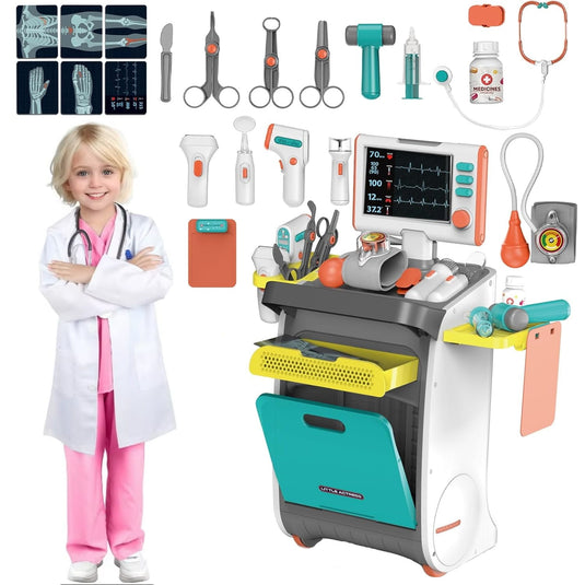 Carucior Medical Interactiv pentru Copii - Happy Doctor Indiggo@, Set de Joaca cu Efecte Luminoase si Sonore, 37 Piese, EKG, Accesorii precum Stetoscop, Termometru, Tensiometru, Imagini Radiologice, Flacon Pastile, Ustensile Medicale, 3 Ani+, Multicolor