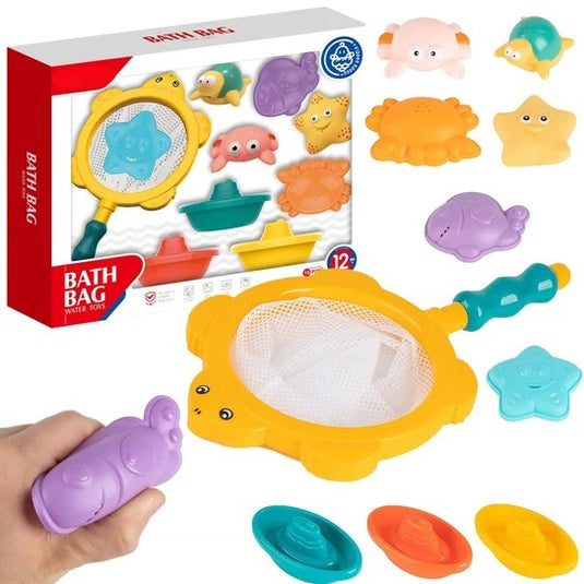 Set Jucarii de Baie pentru Copii si Bebelusi FishFun Indiggo® cu 10 Piese si Plasa de Pescuit, Animalute Marine, Jucarii Plutitoare, Distractiv si Educativ, Turquoise/Pink