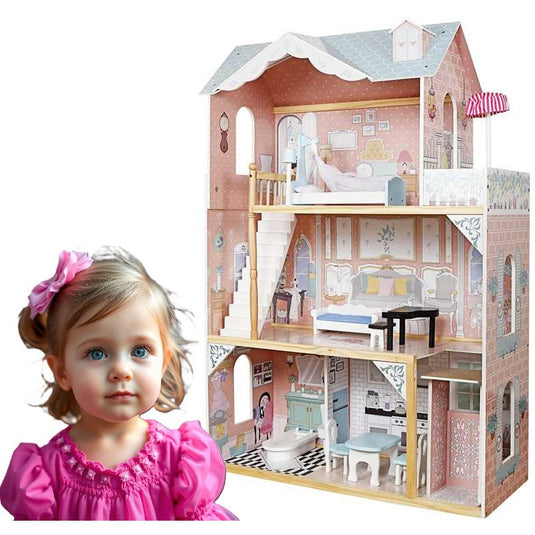 Casuta de Papusi, din Lemn de Calitate, Modern Villa, in Culori Pastelate, 3 Niveluri, 4 Camere, Scara si Lift, 12 Piese de Mobilier, Indiggo®, Inaltime 121cm, Pink