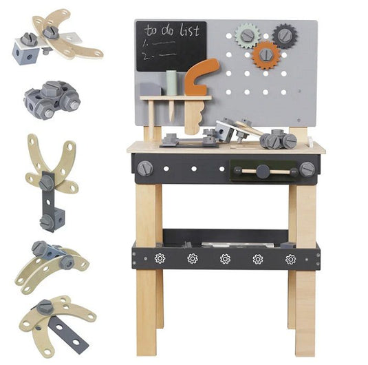 Banc de Lucru Multifunctional din Lemn pentru Copii Play & Build Indiggo®, Include Unelte din Lemn, Suruburi, Piulite, Rotite Dintate si Placi de Asamblare, Inaltime 77 cm, Perfect pentru Joc de Rol, 3+ Ani, Wooden Grey