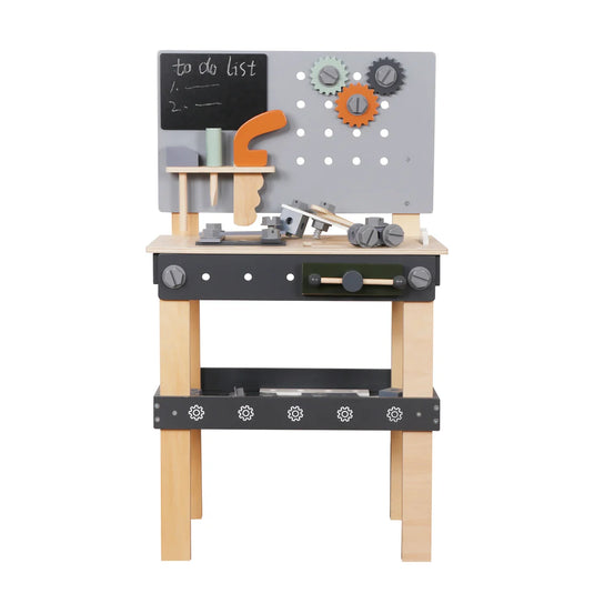 Banc de Lucru Multifunctional din Lemn pentru Copii Play & Build Indiggo®, Include Unelte din Lemn, Suruburi, Piulite, Rotite Dintate si Placi de Asamblare, Inaltime 77 cm, Perfect pentru Joc de Rol, 3+ Ani, Wooden Grey