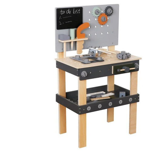 Banc de Lucru Multifunctional din Lemn pentru Copii Play & Build Indiggo®, Include Unelte din Lemn, Suruburi, Piulite, Rotite Dintate si Placi de Asamblare, Inaltime 77 cm, Perfect pentru Joc de Rol, 3+ Ani, Wooden Grey