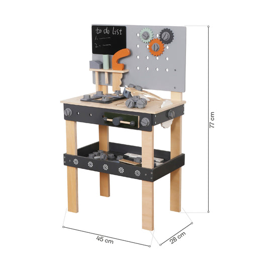 Banc de Lucru Multifunctional din Lemn pentru Copii Play & Build Indiggo®, Include Unelte din Lemn, Suruburi, Piulite, Rotite Dintate si Placi de Asamblare, Inaltime 77 cm, Perfect pentru Joc de Rol, 3+ Ani, Wooden Grey