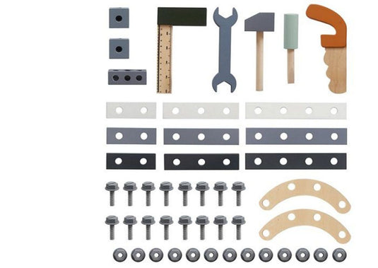 Banc de Lucru Multifunctional din Lemn pentru Copii Play & Build Indiggo®, Include Unelte din Lemn, Suruburi, Piulite, Rotite Dintate si Placi de Asamblare, Inaltime 77 cm, Perfect pentru Joc de Rol, 3+ Ani, Wooden Grey