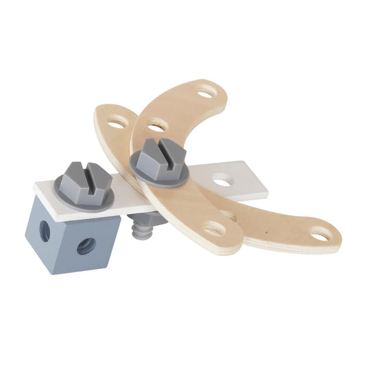 Banc de Lucru Multifunctional din Lemn pentru Copii Play & Build Indiggo®, Include Unelte din Lemn, Suruburi, Piulite, Rotite Dintate si Placi de Asamblare, Inaltime 77 cm, Perfect pentru Joc de Rol, 3+ Ani, Wooden Grey