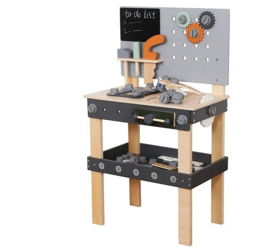 Banc de Lucru Multifunctional din Lemn pentru Copii Play & Build Indiggo®, Include Unelte din Lemn, Suruburi, Piulite, Rotite Dintate si Placi de Asamblare, Inaltime 77 cm, Perfect pentru Joc de Rol, 3+ Ani, Wooden Grey
