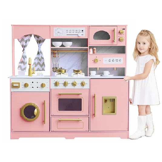 Bucatarie pentru Copii din MDF FrenchBistro™ cu Lumini si Sunete, Set de Joaca cu Aparat de Cafea, Masina de Spalat, Cuptor, Chiuveta Electrica, Dozator de Apa, Cuptor cu Microunde, Ustensile si Accesorii, Perdea, Spatiu Depozitare, Pastel Pink