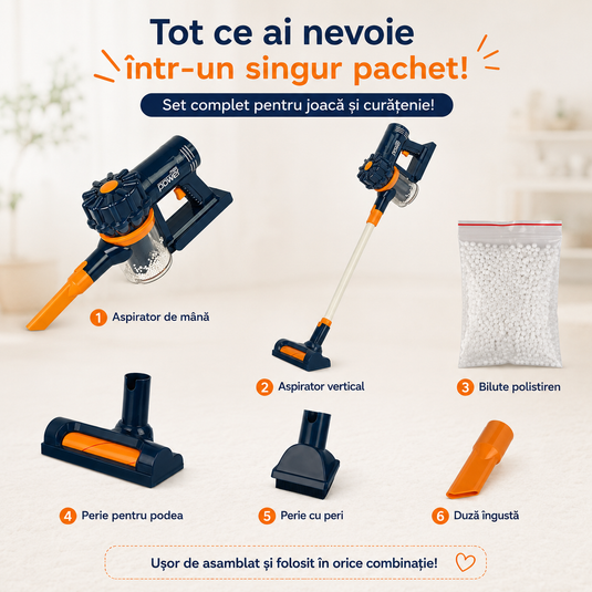 Set de Joaca Indiggo® TinyClean – Aspirator Electric de Jucarie 2 in 1 pentru Copii, Functie Reala de Aspiratie, Efecte Sonore, 3 Perii Detasabile, Bilute Polistiren, Design Vertical, Joc Educational Interactiv, 3+ Ani, Albastru