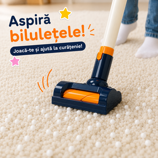 Set de Joaca Indiggo® TinyClean – Aspirator Electric de Jucarie 2 in 1 pentru Copii, Functie Reala de Aspiratie, Efecte Sonore, 3 Perii Detasabile, Bilute Polistiren, Design Vertical, Joc Educational Interactiv, 3+ Ani, Albastru