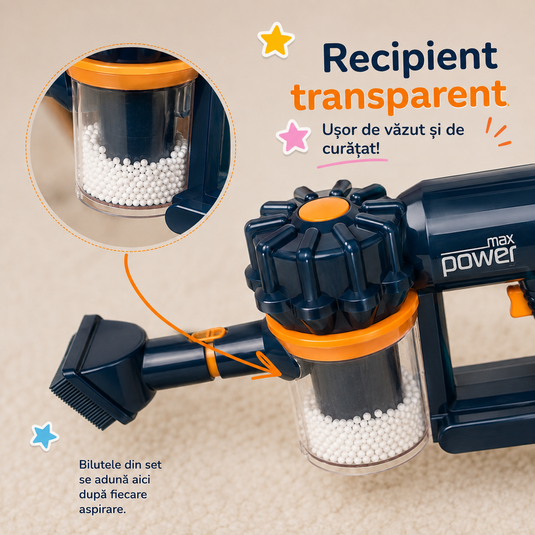 Set de Joaca Indiggo® TinyClean – Aspirator Electric de Jucarie 2 in 1 pentru Copii, Functie Reala de Aspiratie, Efecte Sonore, 3 Perii Detasabile, Bilute Polistiren, Design Vertical, Joc Educational Interactiv, 3+ Ani, Albastru