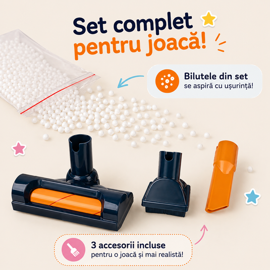 Set de Joaca Indiggo® TinyClean – Aspirator Electric de Jucarie 2 in 1 pentru Copii, Functie Reala de Aspiratie, Efecte Sonore, 3 Perii Detasabile, Bilute Polistiren, Design Vertical, Joc Educational Interactiv, 3+ Ani, Albastru