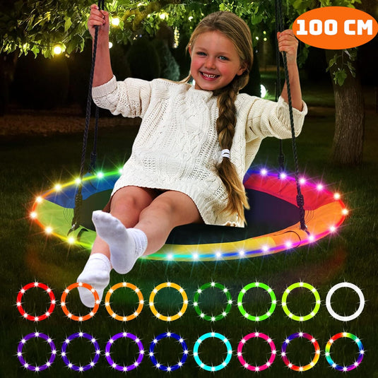 Leagan Tip Cuib cu Lumini LED Kango™ FLASH 100 Cm, Telecomanda, 4 Moduri/16 Culori, Capacitate 450 Kg, Material Oxford 900D, Impermeabil, Franghie Reglabila 180 Cm, Steaguri Decorative, Cadru Otel, Interior/Exterior, ColorPop