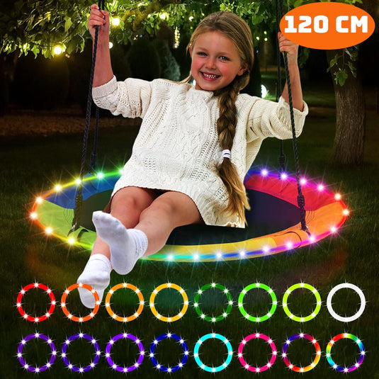 Leagan Tip Cuib cu Lumini LED Kango™ FLASH 120 Cm, Telecomanda, 4 Moduri/16 Culori, Capacitate 450 Kg, Material Oxford 900D, Impermeabil, Franghie Reglabila 180 Cm, Steaguri Decorative, Cadru Otel, Interior/Exterior, ColorPop