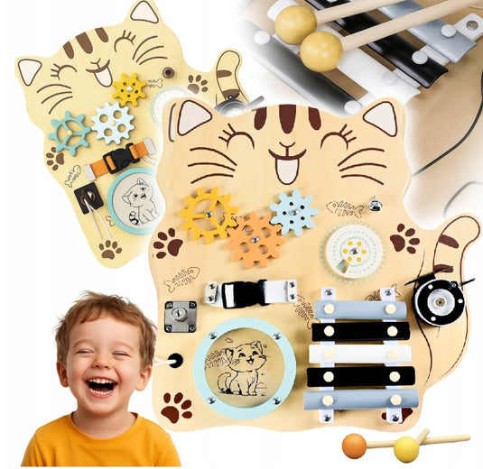 Placa Senzoriala Montessori 8-in-1 din Lemn Natural - Busy Kitty Indiggo® Jucarie pentru Dezvolatarea Abilitatilor Motorice Fine, Concentrare si Coordonare, Multiple Activitati, 40x38x1,5cm, Multicolor