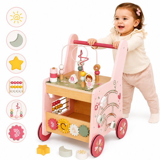 Antemergator Educational si Interactiv 5 in 1 Woody Walker Indiggo®, din Lemn Natural, Tabla senzoriala Montessori, Include Numaratoare, Forme Geometrice Rotative, Labirint cu Animale, Abac, Roti Antiderapante, Woody Pink