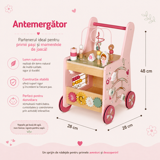 Antemergator Educational si Interactiv 5 in 1 Woody Walker Indiggo®, din Lemn Natural, Tabla senzoriala Montessori, Include Numaratoare, Forme Geometrice Rotative, Labirint cu Animale, Abac, Roti Antiderapante, Woody Pink