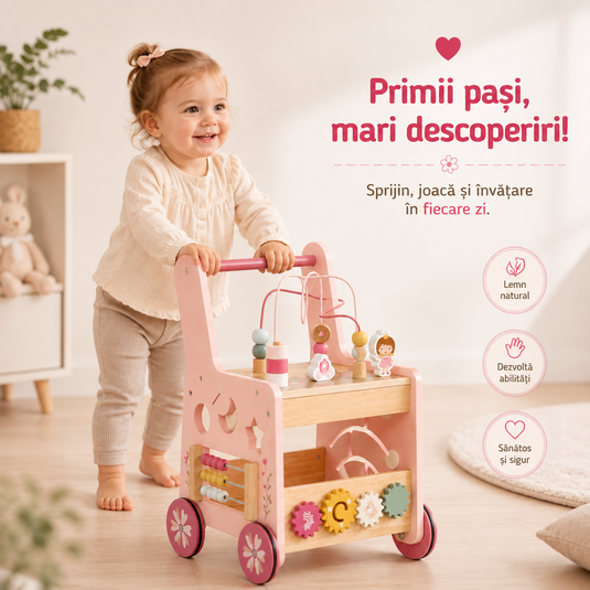 Antemergator Educational si Interactiv 5 in 1 Woody Walker Indiggo®, din Lemn Natural, Tabla senzoriala Montessori, Include Numaratoare, Forme Geometrice Rotative, Labirint cu Animale, Abac, Roti Antiderapante, Woody Pink
