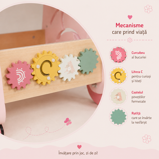 Antemergator Educational si Interactiv 5 in 1 Woody Walker Indiggo®, din Lemn Natural, Tabla senzoriala Montessori, Include Numaratoare, Forme Geometrice Rotative, Labirint cu Animale, Abac, Roti Antiderapante, Woody Pink