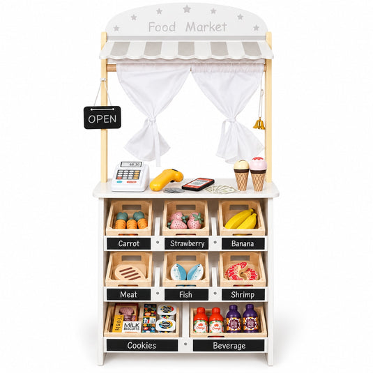 Jucarie din Lemn 2in1 pentru Copii - Food Market Indiggo® – Magazin Alimentar cu Casa de Marcat si Teatru de Papusi, Include 26 de Accesorii Alimentare si Tabla Neagra de Scris, 3 Ani+, White Wooden