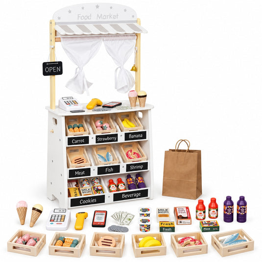 Jucarie din Lemn 2in1 pentru Copii - Food Market Indiggo® – Magazin Alimentar cu Casa de Marcat si Teatru de Papusi, Include 26 de Accesorii Alimentare si Tabla Neagra de Scris, 3 Ani+, White Wooden