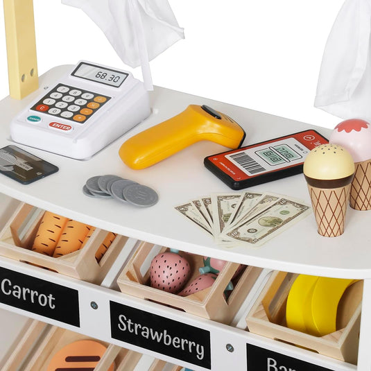 Jucarie din Lemn 2in1 pentru Copii - Food Market Indiggo® – Magazin Alimentar cu Casa de Marcat si Teatru de Papusi, Include 26 de Accesorii Alimentare si Tabla Neagra de Scris, 3 Ani+, White Wooden