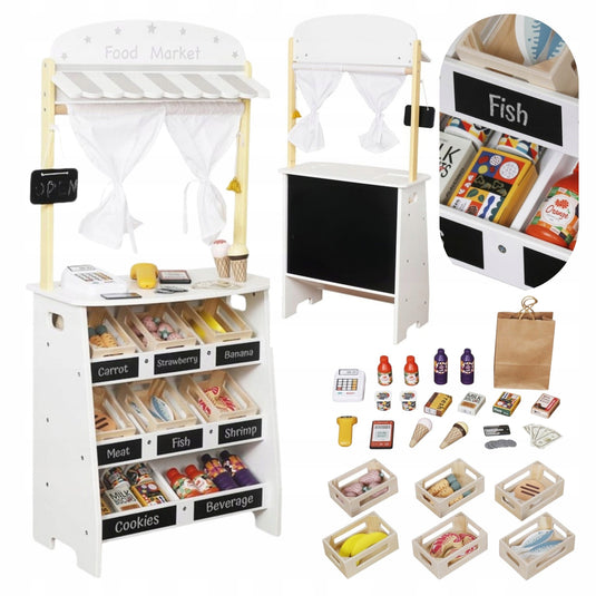 Jucarie din Lemn 2in1 pentru Copii - Food Market Indiggo® – Magazin Alimentar cu Casa de Marcat si Teatru de Papusi, Include 26 de Accesorii Alimentare si Tabla Neagra de Scris, 3 Ani+, White Wooden
