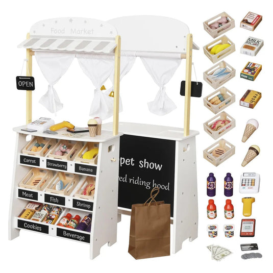 Jucarie din Lemn 2in1 pentru Copii - Food Market Indiggo® – Magazin Alimentar cu Casa de Marcat si Teatru de Papusi, Include 26 de Accesorii Alimentare si Tabla Neagra de Scris, 3 Ani+, White Wooden