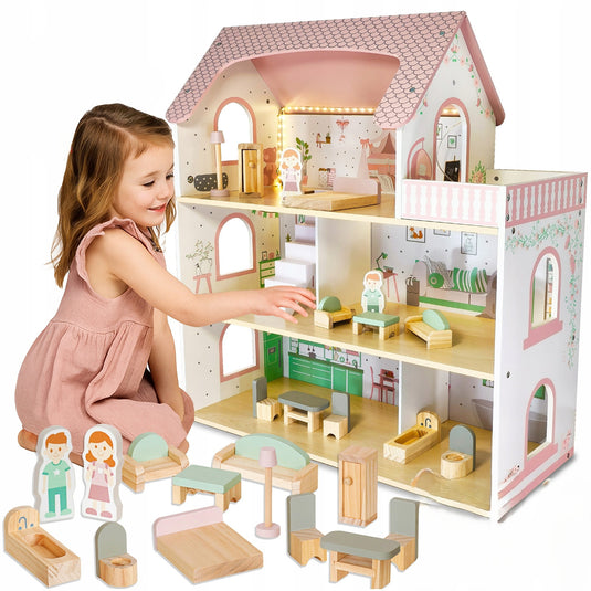 Casuta de Papusi din Lemn - SweetDollHouse - cu Iluminare LED, 3 Niveluri, 5 Camere si Terasa Decorate Frumos, 12 Accesorii Incluse, Inaltime 70.5 Cm, Perfecta pentru Cadou, Sweet Pink