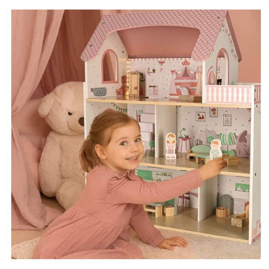 Casuta de Papusi din Lemn - SweetDollHouse - cu Iluminare LED, 3 Niveluri, 5 Camere si Terasa Decorate Frumos, 12 Accesorii Incluse, Inaltime 70.5 Cm, Perfecta pentru Cadou, Sweet Pink