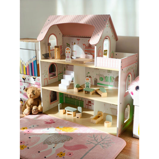 Casuta de Papusi din Lemn - SweetDollHouse - cu Iluminare LED, 3 Niveluri, 5 Camere si Terasa Decorate Frumos, 12 Accesorii Incluse, Inaltime 70.5 Cm, Perfecta pentru Cadou, Sweet Pink